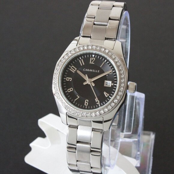 Caravelle Ladies Dress Watch By Bulova Black Sunray Dial 48 Crystal Bezel 28mm - Picture 4 of 12